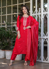 LOVELY RED EMBROIDERED VISCOSE FESTIVAL WEAR PANT SUIT WITH DUPATTA