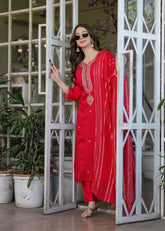 LOVELY RED EMBROIDERED VISCOSE FESTIVAL WEAR PANT SUIT WITH DUPATTA