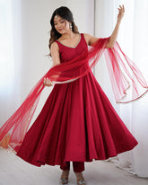 ARTISTIC RED CHANDERI SILK MIRROR LACE WORK ANARKALI SUIT WITH DUPATTA