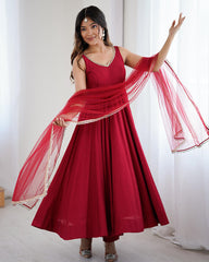 ARTISTIC RED CHANDERI SILK MIRROR LACE WORK ANARKALI SUIT WITH DUPATTA