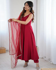 ARTISTIC RED CHANDERI SILK MIRROR LACE WORK ANARKALI SUIT WITH DUPATTA