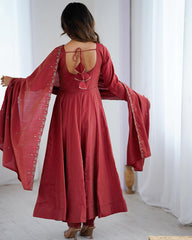 TIMELESS MAROON CHANDERI SILK EMBROIDERED PARTY WEAR ANARKALI SUIT
