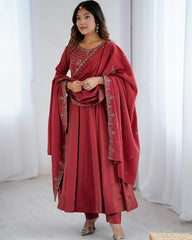 TIMELESS MAROON CHANDERI SILK EMBROIDERED PARTY WEAR ANARKALI SUIT