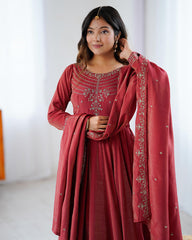 TIMELESS MAROON CHANDERI SILK EMBROIDERED PARTY WEAR ANARKALI SUIT