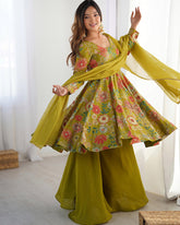 Stunning Mehndi Printed Silk Festive Wear Palazzo Suit With Dupatta