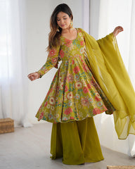 Stunning Mehndi Printed Silk Festive Wear Palazzo Suit With Dupatta