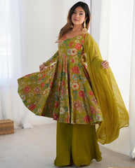Stunning Mehndi Printed Silk Festive Wear Palazzo Suit With Dupatta