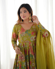 Stunning Mehndi Printed Silk Festive Wear Palazzo Suit With Dupatta