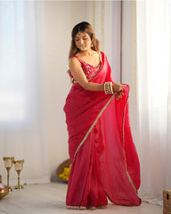 MESMERIZING HOT PINK TISSUE SILK PRE-STITCHED SAREE WITH BLOUSE