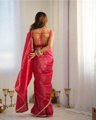 MESMERIZING HOT PINK TISSUE SILK PRE-STITCHED SAREE WITH BLOUSE