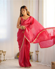 MESMERIZING HOT PINK TISSUE SILK PRE-STITCHED SAREE WITH BLOUSE