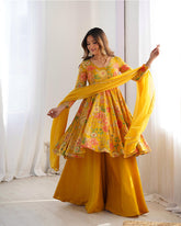 Stunning Yellow Floral Printed Silk Designer Palazzo Suit With Dupatta