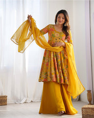 Stunning Yellow Floral Printed Silk Designer Palazzo Suit With Dupatta