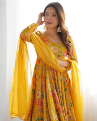 Stunning Yellow Floral Printed Silk Designer Palazzo Suit With Dupatta