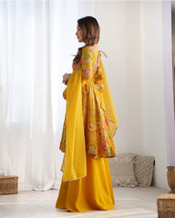 Stunning Yellow Floral Printed Silk Designer Palazzo Suit With Dupatta