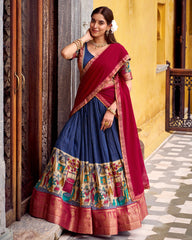 STUNNING NAVY BLUE ZARI WEAVING ONAM WEAR HALF SAREE LEHENGA