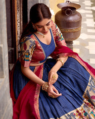 STUNNING NAVY BLUE ZARI WEAVING ONAM WEAR HALF SAREE LEHENGA