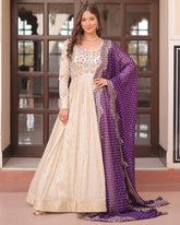 Off-White Color Jacquard Gown With Purple Dupatta