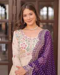 Off-White Color Jacquard Gown With Purple Dupatta