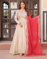 Off-White Color Jacquard Gown With Red Dupatta