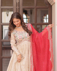 Off-White Color Jacquard Gown With Red Dupatta