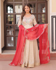 Off-White Color Jacquard Gown With Red Dupatta
