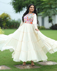 OFF-WHITE MULTI-THREAD KORA COTTON FESTIVE NAVRATRI GOWN