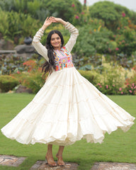 OFF-WHITE MULTI-THREAD KORA COTTON FESTIVE NAVRATRI GOWN