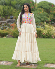 OFF-WHITE MULTI-THREAD KORA COTTON FESTIVE NAVRATRI GOWN