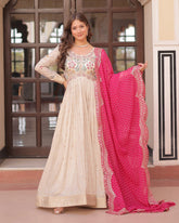 Off-White Color Jacquard Gown With Pink Dupatta