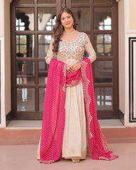 Off-White Color Jacquard Gown With Pink Dupatta