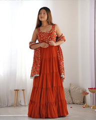 Bewitching Orange Embroidered Georgette Anarkali Gown With Dupatta