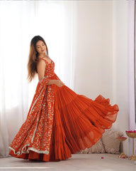 Bewitching Orange Embroidered Georgette Anarkali Gown With Dupatta