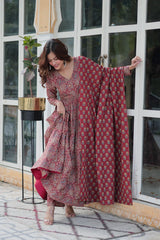 Premium Pure Cotton Printed Anarkali Kurti With Pant & Dupatta Set For Women – Ready To Wear Ethnic Suit (2 Colors Available)