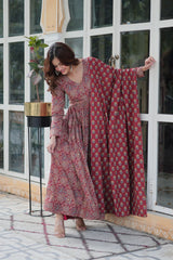 Premium Pure Cotton Printed Anarkali Kurti With Pant & Dupatta Set For Women – Ready To Wear Ethnic Suit (2 Colors Available)