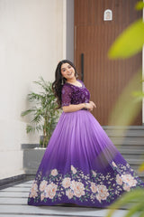 PURPLE COLOR FAUX BLOOMING EMBROIDERED WORK GOWN
