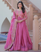 Pink Color Gold Crush Embroidered Work Gown