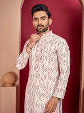 Pink Wedding Mens Kurta Pajama In Rayon With Heavy Lucknowi And Printed Work