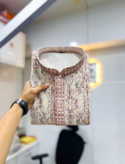 Pink Wedding Mens Kurta Pajama In Rayon With Heavy Lucknowi And Printed Work