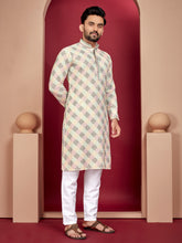 Pista Wedding Mens Kurta Pajama In Rayon With Heavy Lucknowi And Printed Work