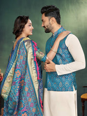 Men And Women Combo Of Saree Kurta And Jacket In Sky Blue Jacquard Weaving Couple Combo