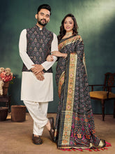 Men And Women Combo Of Saree Kurta And Jacket In Black Jacquard Weaving Couple Combo
