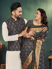 Men And Women Combo Of Saree Kurta And Jacket In Black Jacquard Weaving Couple Combo