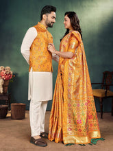Men And Women Combo Of Saree Kurta And Jacket In Mustard Jacquard Weaving Couple Combo