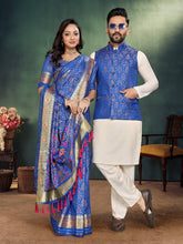 Men And Women Combo Of Saree Kurta And Jacket In Blue Jacquard Weaving Couple Combo