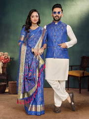 Men And Women Combo Of Saree Kurta And Jacket In Blue Jacquard Weaving Couple Combo