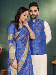 Men And Women Combo Of Saree Kurta And Jacket In Blue Jacquard Weaving Couple Combo