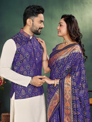 Men And Women Combo Of Saree Kurta And Jacket In Purple Jacquard Weaving Couple Combo