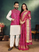 Men And Women Combo Of Saree Kurta And Jacket In Pink Jacquard Weaving Couple Combo