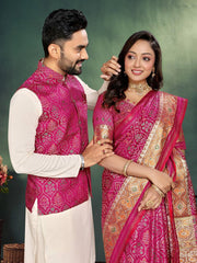 Men And Women Combo Of Saree Kurta And Jacket In Pink Jacquard Weaving Couple Combo